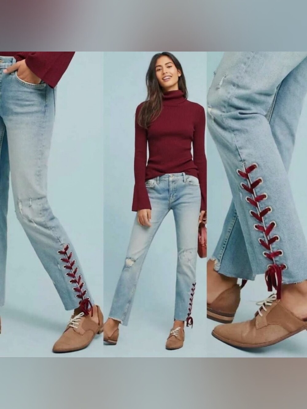 Pilcro Anthropologie Velvet Lace Up Jeans Size 25 Slim Straight Light Wash Distr